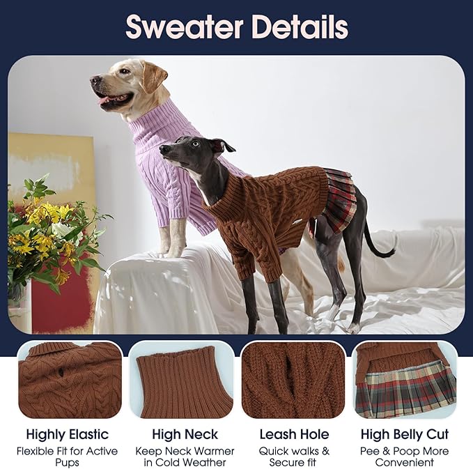 IECOii Girl XXL Dog Sweater Dress, Cozy Cable Knit Dog Sweater for Large Dogs Girl, Caramel,XXLarge, 2XL Pet Pullover Knitted Dress for Winter, Turleneck with Sleeve, Warm Sweaters for Female Pitbull