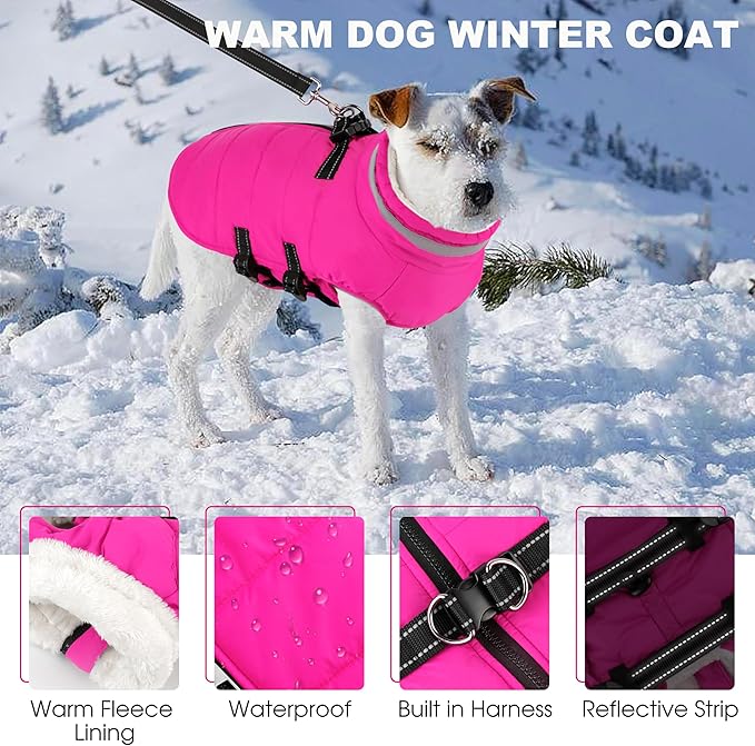 Large Dog Coat with Harness Built-in, Waterproof Reflective Fleece Lined - Warm Windproof Winter Jacket with Back Zipper, Cold Weather Snow Dog Coats - Pink - 2XL