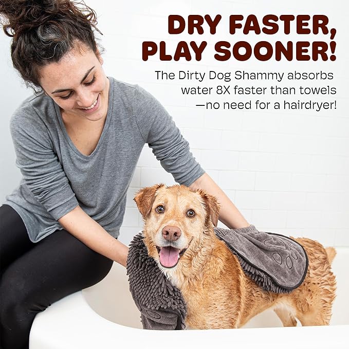 Dog Gone Smart The Dirty Dog Shammy - Fast Drying Plush Shammy Towel with Dual Hand Pockets and Elastic - Super Absorbent Microfiber and Machine Washable - Grey