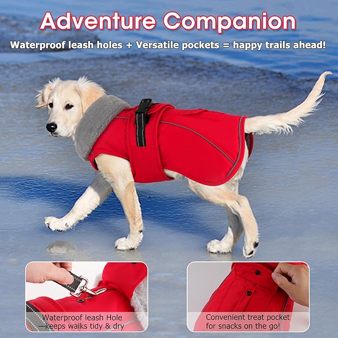 Dogcheer Dog Coat with Pocket, Waterproof Dog Jacket with Adjustable Buckle, Reflective Puppy Winter Coat Warm Turtleneck Fleece SnowJacket for Small Medium Large Dogs - Red S