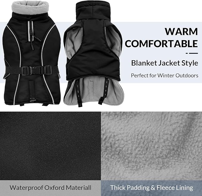 Queenmore Winter Dog Coat Warm Dog Jacket Vest Waterproof Puffer Fleece Snowsuit Adjustable Buckle Leash Hole Reflective Cold Weather Parka for Small Medium Large Dogs Girl Boy Black XXL