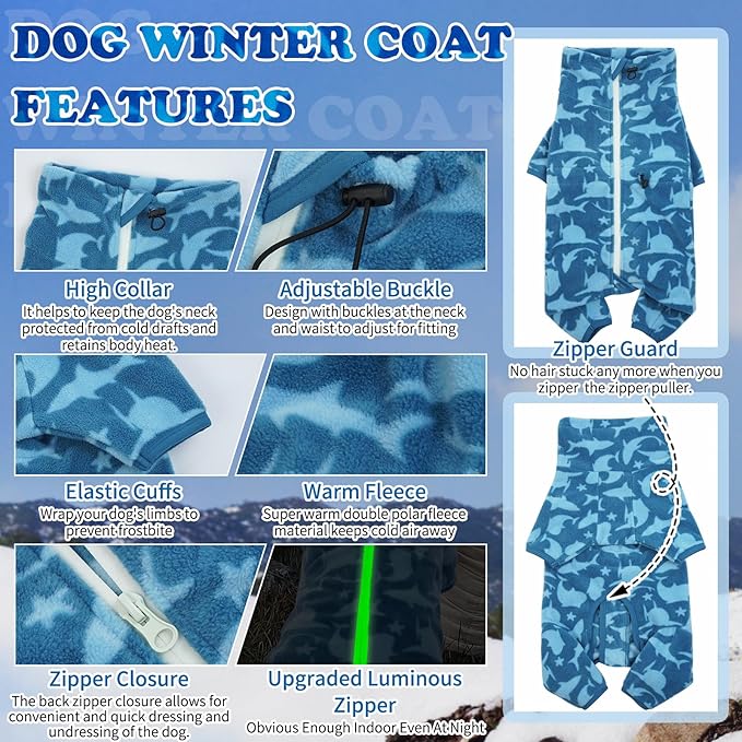 ROZKITCH Shark Dog Pajamas, Pet Windproof Warm Cold Weather Jacket Vest with Luminous Zipper, Jumpsuit Apparel Outfit Clothes for Small Medium Large Dog Shark M