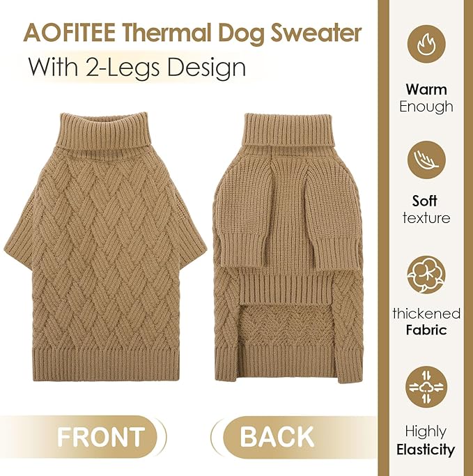 AOFITEE Small Dog Sweater, Dog Sweaters for Small Dogs Male, Thick Dogs Winter Sweatshirt Girl Boy, Pet Halloween Sweater, Classic Cable Turtleneck Holiday Knitwear for Pug Dachshund (Brown, S)