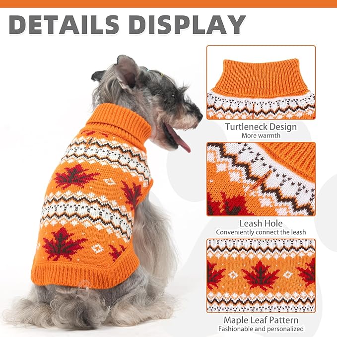 KOOLTAIL Cable Knit Dog Sweater Turtleneck, Cold Weather Pullover Classic Knitwear, Thick Warm Winter Pet Clothes, Fall Maple Leaves Thanksgiving Dog Sweater for Small Medium Large Dogs Cats,Orange ML
