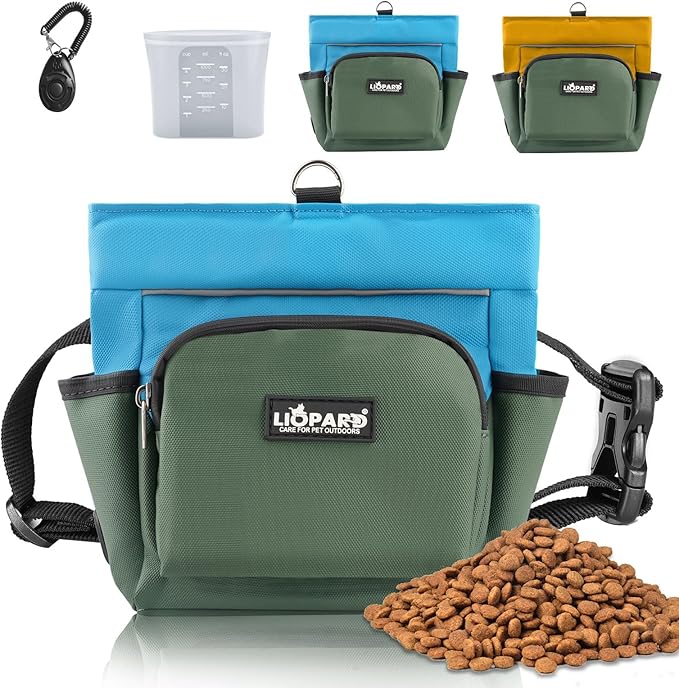 LIOPARD Dog Treat Pouch, Training Bag for Pet Walking, Pet Treat Bag with Silicone Liner, Magnetic Closure with Clicker and Belt Clip, 4-Cup Dog Treats Pouch for Outdoor Training (blue)