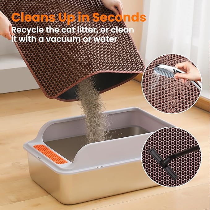 Jumbo Cat Litter Mat, 46x26 Inches Double Layer Honeycomb Litter Trapping Mat, Non Slip Waterproof Urine Proof Extra Large Cat Litter Box Mat, Kitten Supplies and Essentials, XXL, Brown