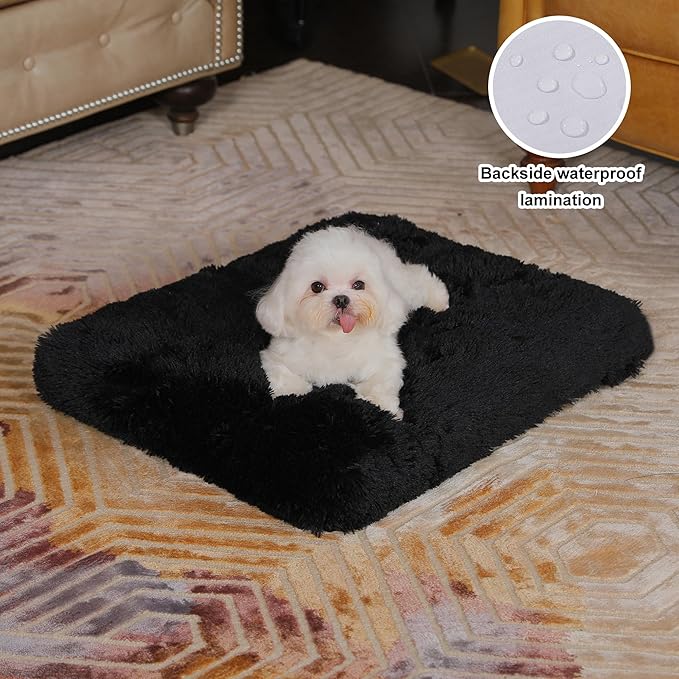 Bedfolks Waterproof Dog Crate Pad, Plush Dog Kennel Bed with Removable Cover, Faux Fur, Washable, 23"x18", Black