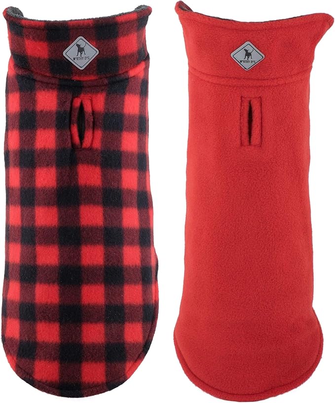 The Worthy Dog Fargo Fleece Check Dog Jacket, Adjustable Reversible with Harness Hole, Wind-Resistant, Winter Outdoor Clothes for Pets, Red - 10''