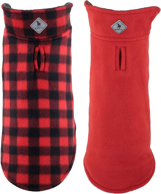 The Worthy Dog Fargo Fleece Buffalo Dog Jacket, Adjustable Reversible with Harness Hole, Wind-Resistant, Winter Outdoor Clothes for Pets, Red - 22''