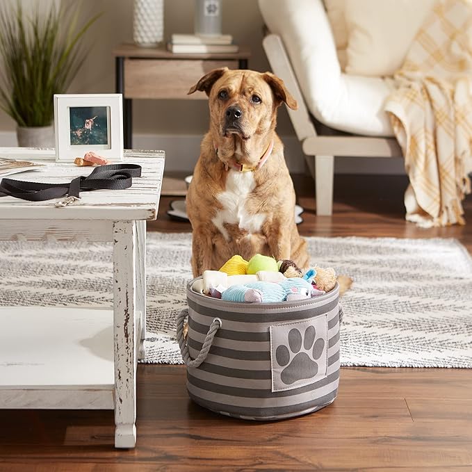 Bone Dry Pet Storage Collection Striped Paw Patch Bin, Small Round, Grayz, Medium Breeds (Pack of 12)