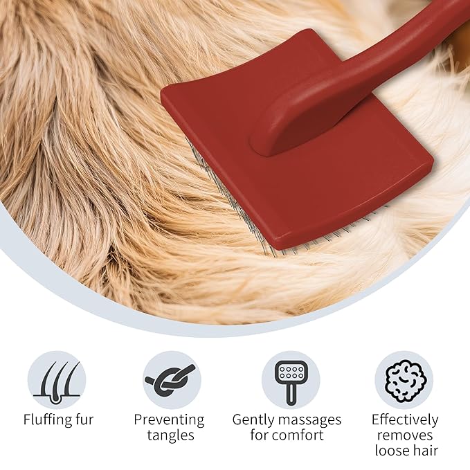 Pet Slicker Brush for Long & Short Hair - Detangling Tool for Dogs & Cats - 135° Angled Stainless Steel Pins, Curved Handle - Gentle Grooming for Small/Medium/Large Breeds (Red)