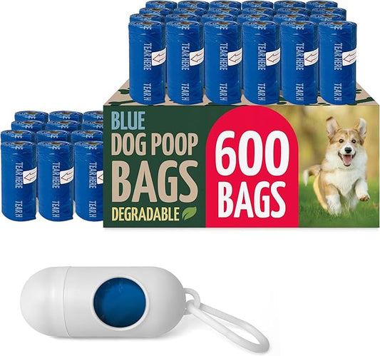 Reli. Biodegradable Dog Poop Bags Rolls (600 Pack, 40 Rolls) | 9"x13" Poop Bags for Dogs | Unscented, Leak Proof Oxobiodegradable Pet Waste Eco-Friendly | Blue | Leash Clip Holder Included