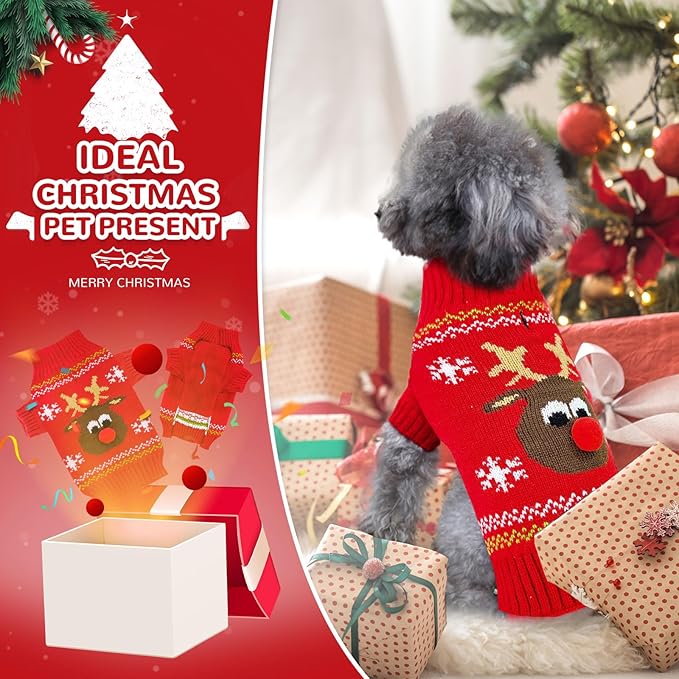 PETCARE Dog Christmas Sweater Red Ugly Funny Cute Cartoon Reindeer Cat Sweaters Jumper Holiday Dog Clothes Puppy Sweaters for Small Medium Large Dogs Fall Winter Outfits Xmas Dogs Costume,Large