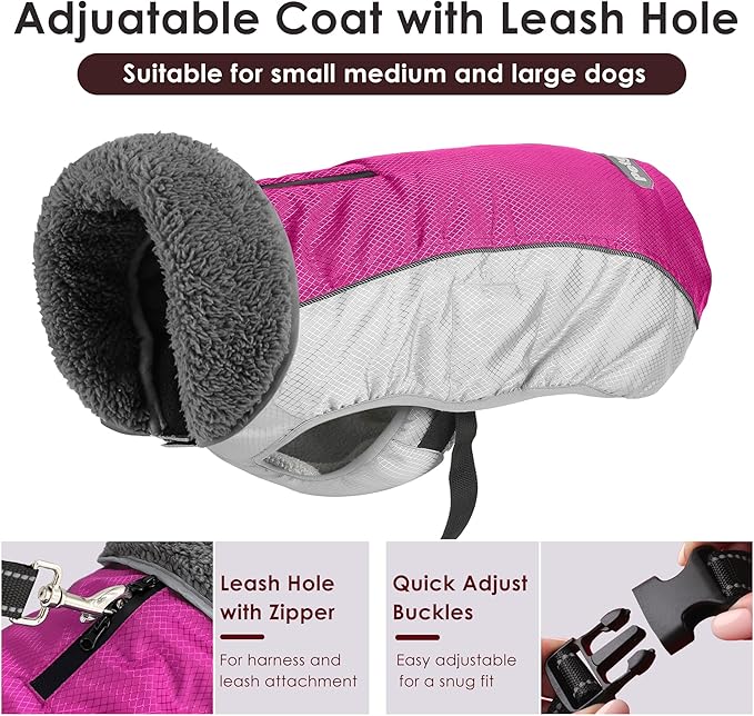 Dog Coat, Waterproof Ripstop Dog Winter Jacket with Leash Hole, Reflective Adjustable Warm Pet Fleece Snow Sweater for Small Medium Large Dogs - Rosy Red, XL