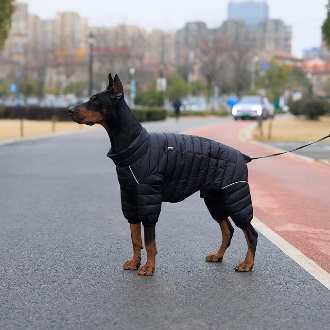 lovelonglong Dog Coat Dog Warm Jacket, 4 Legs Covered Waterproof Windproof Reflective Warm Dog Vest, Zippered Adjustable Outdoor Dog Snow Jacket for Small Medium Large Dogs Black XXL