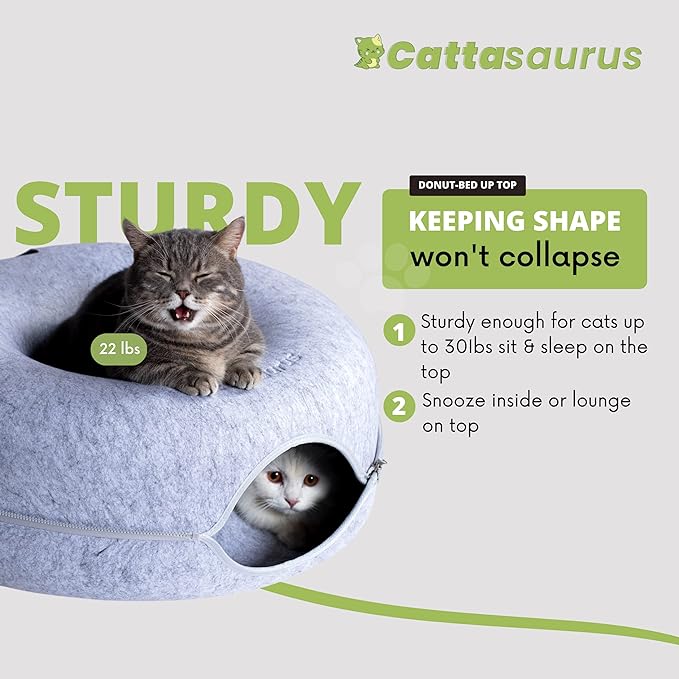 CATTASAURUS Peekaboo Cat Cave for Multiple & Large Cats Up to 30-45 Lbs, Scratch Detachable & Washable Tunnel Bed, Comfy Donut Cat Cave (Light Gray, Large)