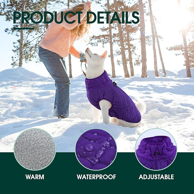 Kuoser Medium Dog Coat | All-Breed Thermal Wear with Windproof Layer | Reflective Tabs Enhance Visibility in Snow, Snap Buckles Simplify Dressing, Purple M