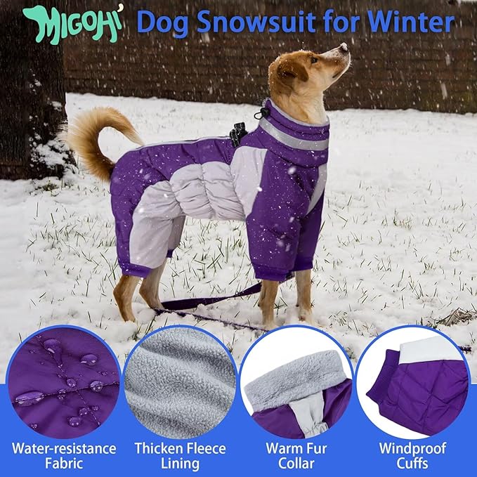 MIGOHI Full Body Dog Coat - Warm Reflective Large Dog Winter Coat with Harness,Turtleneck Fleece Jacket for Dogs,Four-Leg Windproof Puffer Jackets Snowsuit with Zipper for Small Medium Large Dogs,XL