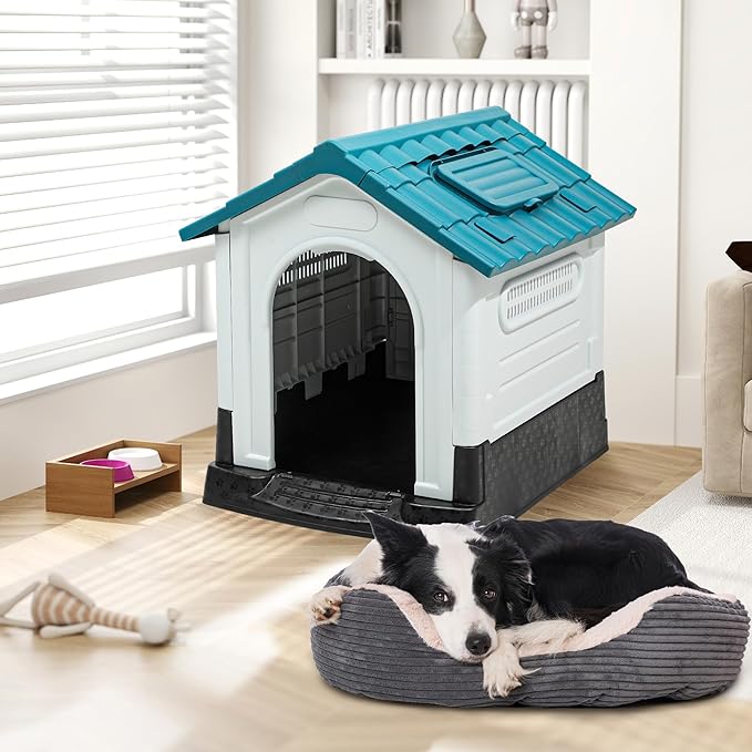 DWVO 33.1'' Plastic Foldable Dog House for Small and Medium Dogs, Waterproof Folding Pet House with Adjustable Top Window and Elevated Base (33.1''L x 27.6''W x 30''H)