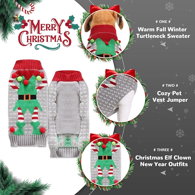 PETCARE Dog Christmas Sweater Ugly Elf Clown Cat Sweater Vest Pet Jumper Grey Green Holiday Dog Clothes Puppy Sweaters for Small Medium Large Dogs Cats Fall Winter Outfits Xmas Dogs Costume,Small