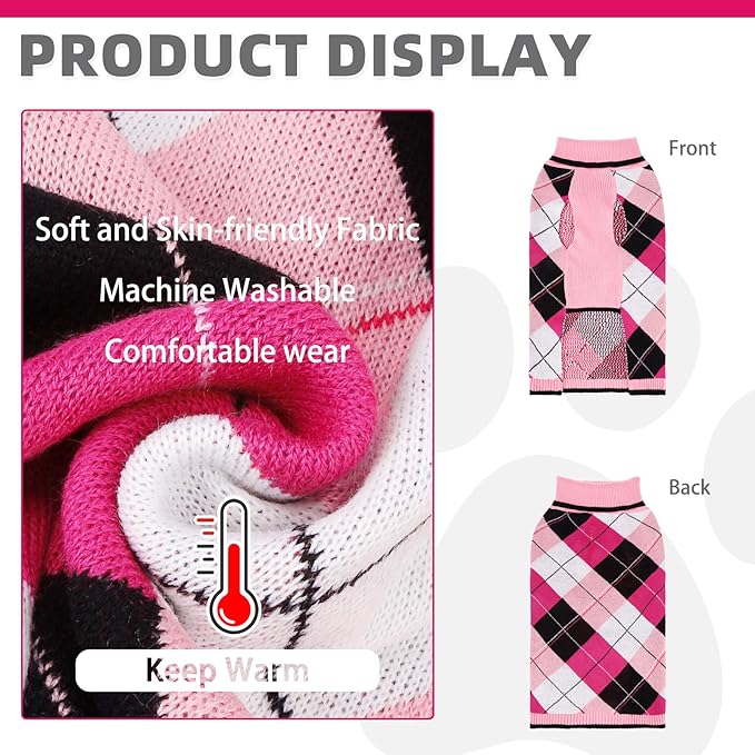 KOOLTAIL Dog Sweater for Small Dogs, Puppy Knitted Clothes - Classic Plaid Pullover Turtleneck Thick Warm Fall Cat Sweaters with Leash Hole, Dog Winter Clothes for Chihuahua Dachshund Girls Boys, XS