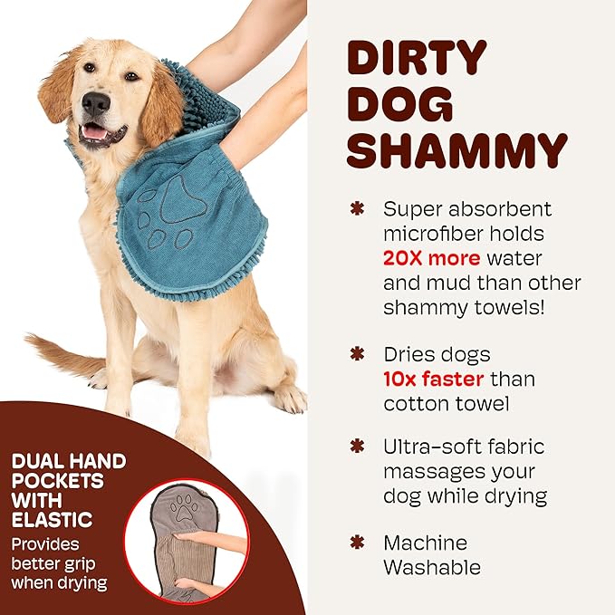 Dog Gone Smart The Dirty Dog Shammy - Fast Drying Plush Shammy Towel with Dual Hand Pockets and Elastic - Super Absorbent Microfiber and Machine Washable - Pacific Blue