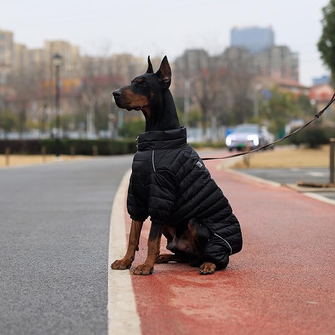 Lovelonglong Warm Jacket - 4 Legs Covered Waterproof Windproof Reflective Vest, Zippered Adjustable Outdoor Snow Jacket for Small Medium Large Dogs, Black XXXXL