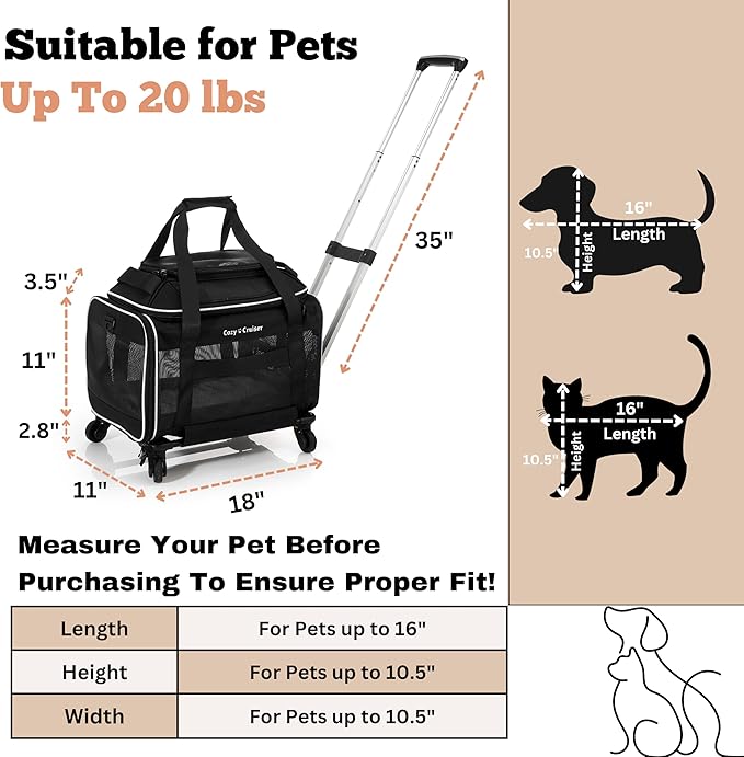 Airline Approved Top-Expanding Pet Carrier on Wheels- Extra Spacious Soft Lined Carrier! 18x11x11 (Black, Original Mesh Sides)