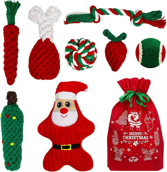 8 Pieces Christmas Dog Chew Toys, Santa Puppy Teething Chew Toys with Adorable Squeaky Toys, Training Ball, Christmas Storage Bag
