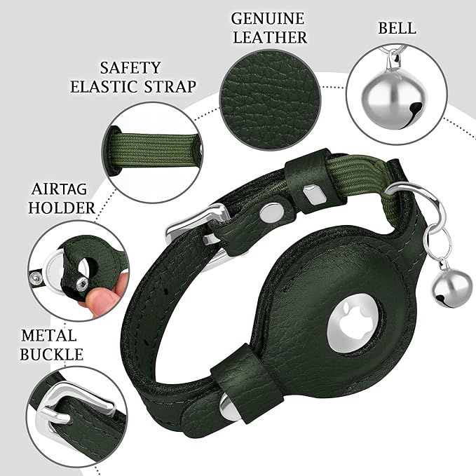 OOPSDOGGY Cat Collar for AirTag Holder, Leather Kitten Collars with Elastic Strap & Bell, Non Breakaway Adjustable Small Pet Collars for Indoor & Outdoor for Boy, Girl (Green)