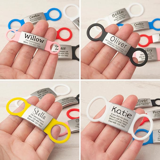 Anavia Slide On Silent Pet ID Tags, S/M/L/XL Personalized Multi-Color Silicone Band Cat Dog Name Tags, Customized Engraved Stainless Steel, Chew-Proof Quiet Dog Collar Tags (Medium, Blue)