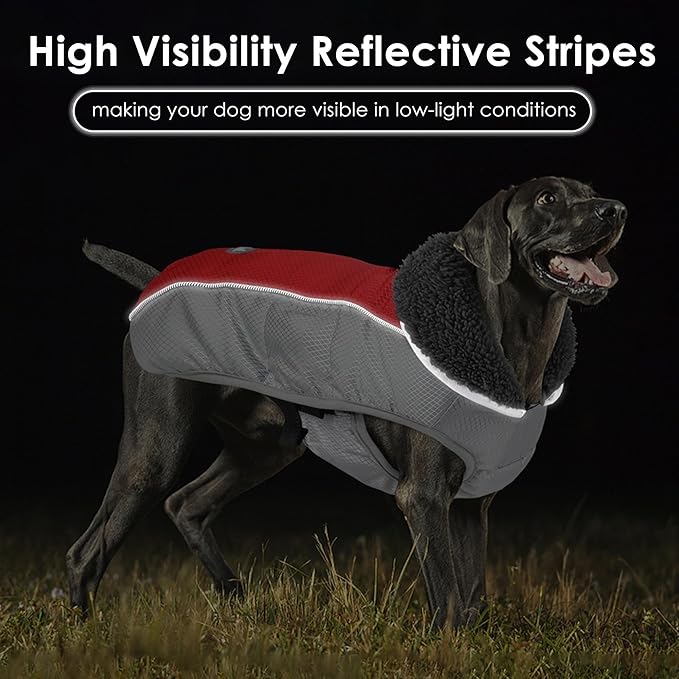 Dog Coat, Waterproof Ripstop Dog Winter Jacket with Leash Hole, Reflective Adjustable Warm Pet Fleece Snow Sweater for Small Medium Large Dogs - Red, XL