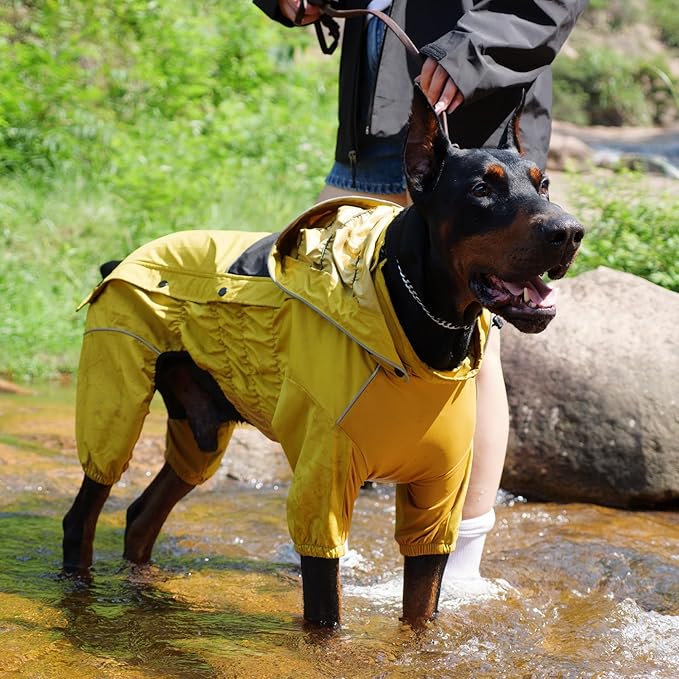 LOVELONGLONG Fleece-Lined Dog Raincoat with Removable Hood – Waterproof Winter Full Body Dog Jacket – Windproof Snowproof Cold-Weather Suit – Yellow-F XXS