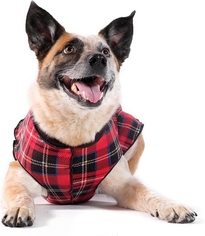 Goldpaw Duluth Double Fleece Dog Sweater Vest for Medium Dogs - Soft, Stretchy Dog Fleece - Warm Pet Jacket for Fall and Winter - Premium Pet Outerwear - Machine Washable - Red Tartan/Black - Size 16