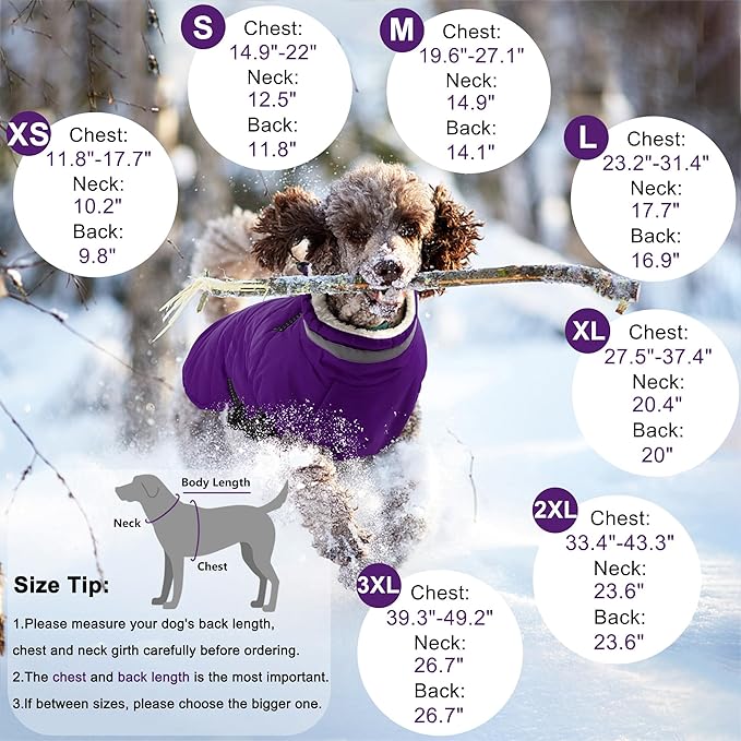Dogcheer Dog Coat with Harness, Waterproof Dog Jacket Adjustable Pet Winter Coat with Zipper, Christmas Puppy Snow Jacket Fleece Sweater for Small Medium Large Dogs - Purple S