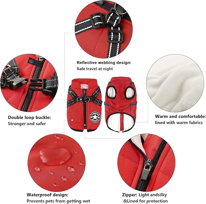 Aiboria Dog Jacket Coat Windproof Jackets Warm Pet Vest Fleece Dog Sweater Padded Vest with Chest Strap Harness Red 3XL
