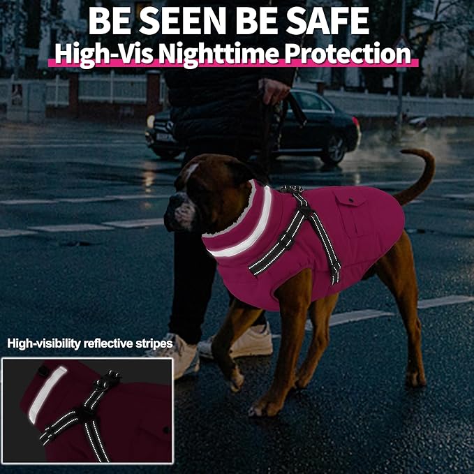 Dogcheer Dog Coat with Harness, Waterproof Warm Dog Winter Jacket with Pockets, Reflective Pet Fleece Jacket Turtleneck Snowsuit for Small Medium Large Dogs - Pink, XL
