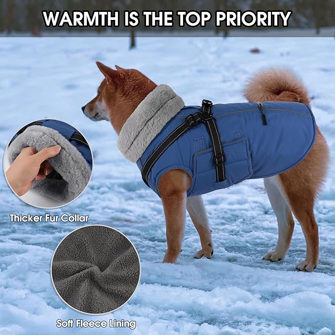 PETDSH Dog Coat Large, Built-in Harness Dog Jacket with Warm Fleece Lining, Waterproof Reflective Dogs Winter Coat, Pet Coats with Pocket and Trash Bags (Navy Blue, Large)