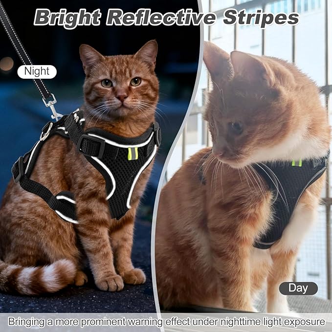 Kitten Cat Harness and Leash Set, Escape Proof Soft 4-Adjustable Cat Walking Vest Harness, Reflective Strips in Harness for Kitty Puppy Bunny Car Travel, with Car Seatbelt Leash (Black, M)