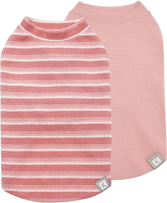 KYEESE 2Pack Waffle Dog Shirts for Small Dogs Stretchy T-Shirts Lightweight Tank Top Sleeveless Striped Vest Breathable Pet Outfit, X-Large, Pink+Striped