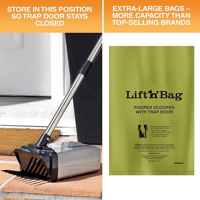 Neater Pet Brands Lift N’ Bag 2.0 Dog Pooper Scooper with Bag Attachment & 27" Pole for Small to Large Dogs, New & Improved Design, 195 Refill Bags, Heavy Duty Dog Poop Scooper for Yard, One-Hand Use