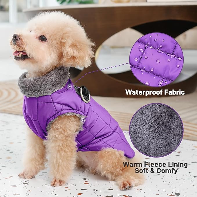 Warm Fleece Dog Coats with Durable Harness Buitl in D-Ring,Waterproof Puppy Jacket for Small Dogs,Dog Vest for Cold Winter,Purple XS