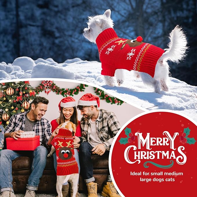 PETCARE Dog Christmas Sweater Red Ugly Funny Cute Cartoon Reindeer Cat Sweaters Jumper Holiday Dog Clothes Puppy Sweaters for Small Medium Large Dogs Fall Winter Outfits Xmas Dogs Costume,X-Small