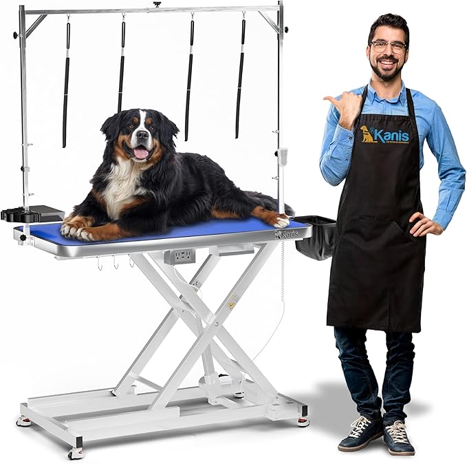 KANIS Professional Electric Dog Grooming Table - Heavy Duty, Height Adjustable Pet Grooming Table w/Leveling Wheels, Grooming Arm, Anti Slip Tabletop & Tool Organizer/Dog Grooming Station (49", WHITE)