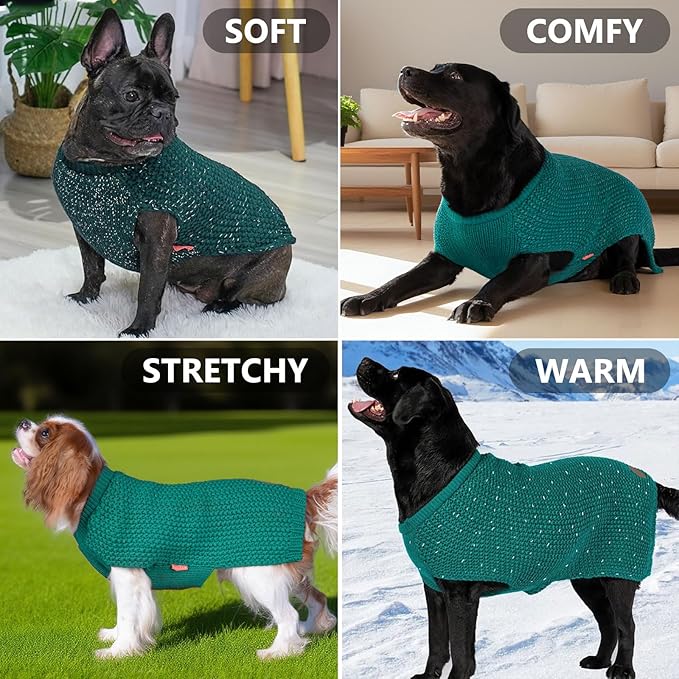 KYEESE Dog Christmas Sweater with Leash Hole Warm Pullover with Reflective Yarn for Small and Medium Dogs Male Soft Knit Pullover Boy Dog Coats Cozy Lightweight Thick Sweater,Green,Large