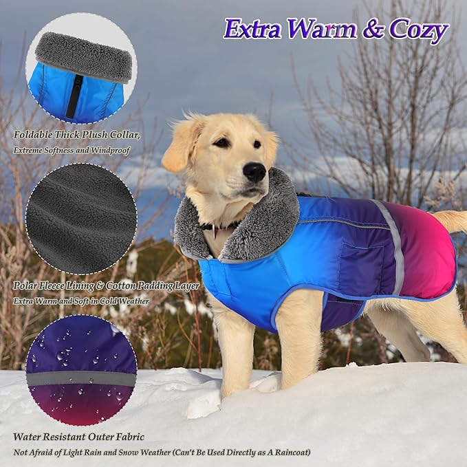 Dogcheer Warm Dog Coat, Waterproof Dog Winter Jacket Christmas Puppy Cold Weather Coats with Buckle, Reflective Adjustable Pet Snow Jacket for Small Medium Large Dogs - Gradient Blue-red, M