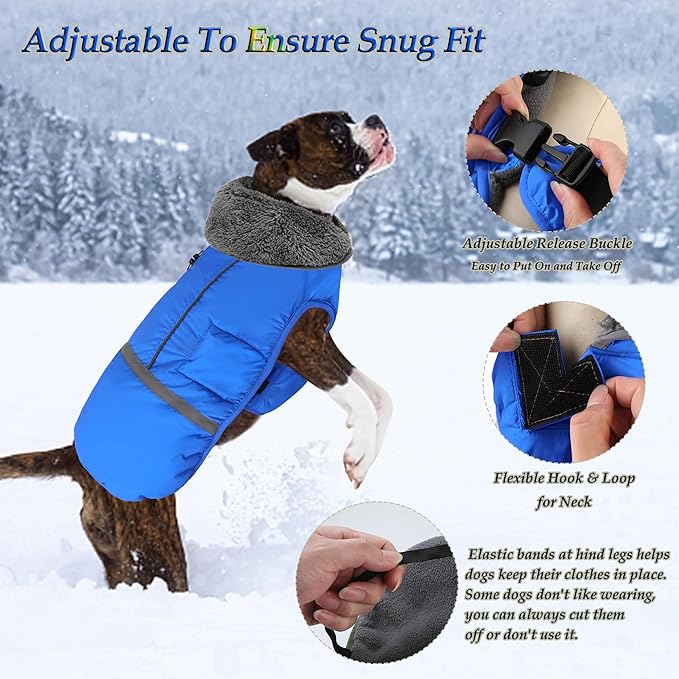 Dogcheer Warm Dog Coat, Waterproof Dog Jacket Christmas Puppy Winter Coat with Buckle, Reflective Adjustable Pet Snow Jacket Turtleneck Fleece Sweater for Small Medium Large Dogs - Blue, 2XL