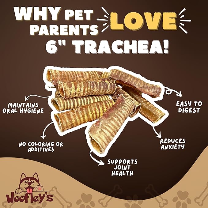 Woofley's Beef Trachea - (6 Inch 10 Pack) - Trachea Treats for Dogs - Natural Source of Glucosamine and Chondrotin for Joint Health - 100% Natural Beef Windpipe for Dogs