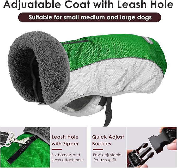 Dog Coat, Waterproof Ripstop Dog Winter Jacket with Leash Hole, Reflective Adjustable Warm Pet Fleece Snow Sweater for Small Medium Large Dogs - Green, 2XL