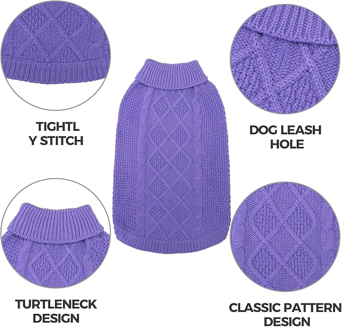 Mihachi Turtleneck Dog Sweater - Winter Coat Apparel Classic Cable Knit Clothes with Leash Hole for Cold Weather, Ideal Gift for Pet in New Year Light Purple XL